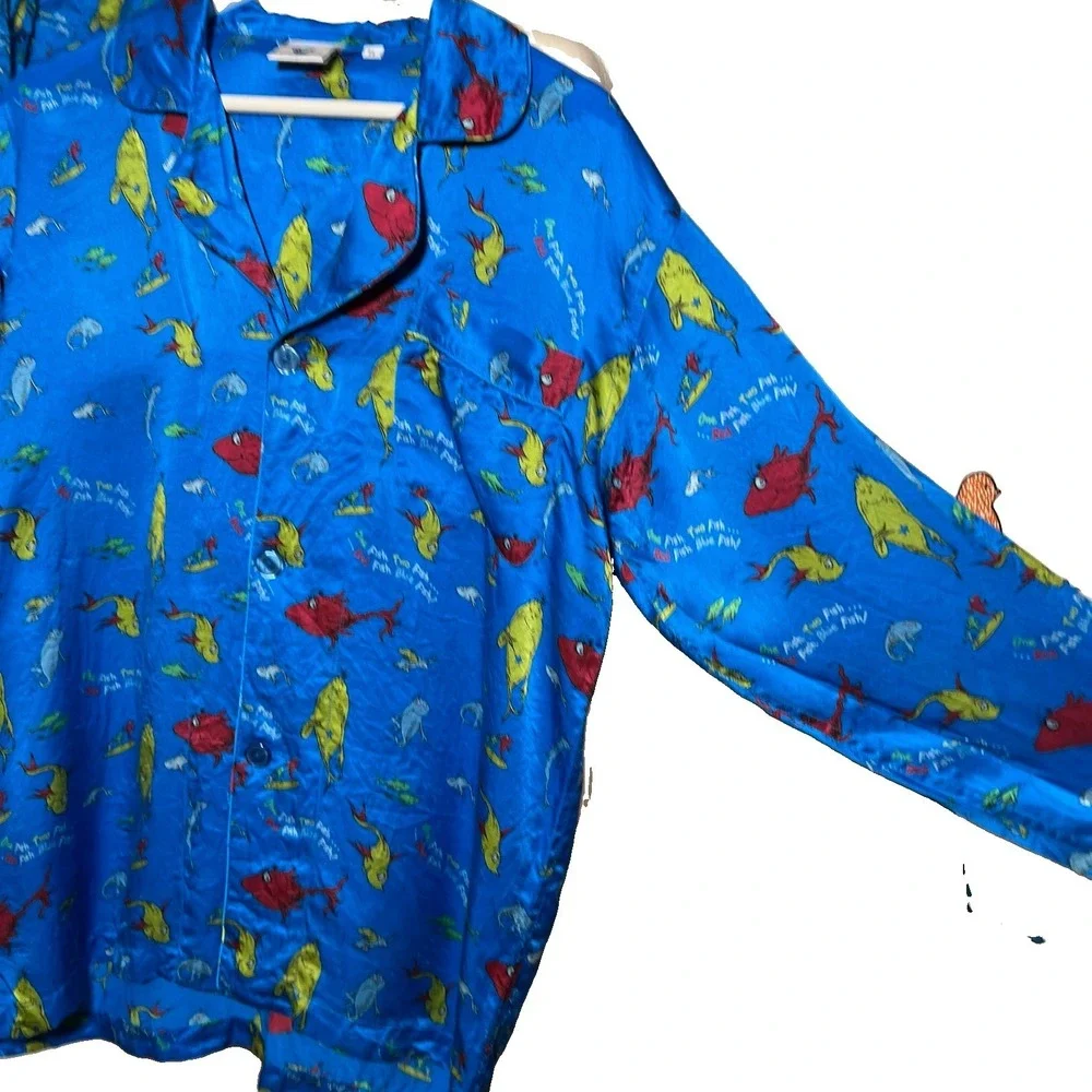 Dr. Seuss‎ Womens Whimsical Silk Pajama Pant Set M Vtg Novelty One Fish Two Fish